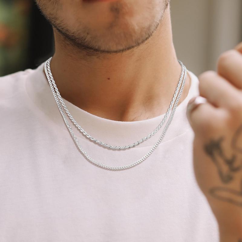 Valentines Day Gifts Tewiky Trendy 2Pcs 3mm Chain Necklace for Men Silver Layered Cuban Link Rope Necklaces Set Simple Jewelry Gift 18-28 Inches Present Jewelry