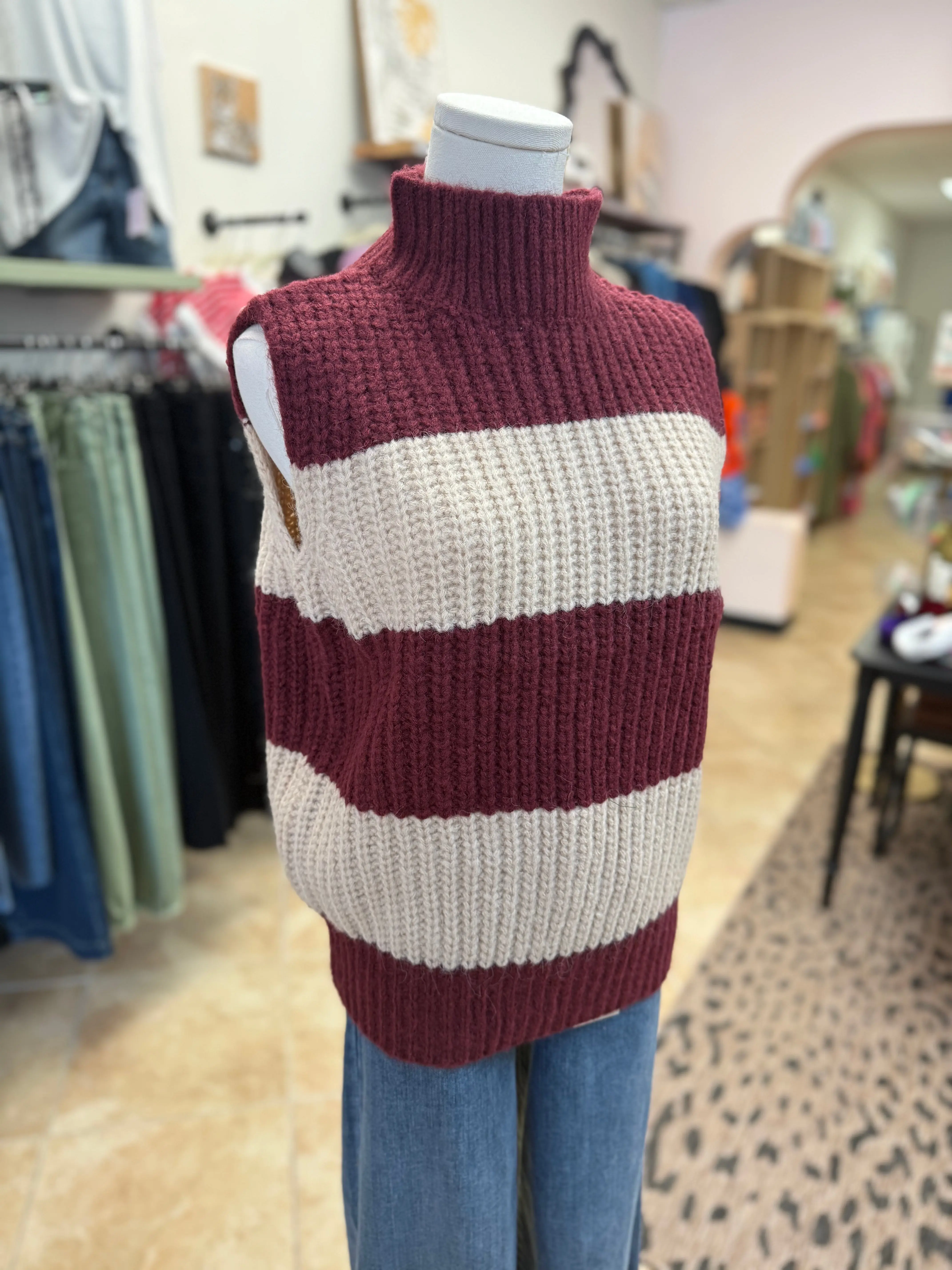 Maroon & Cream Sleeveless Sweater