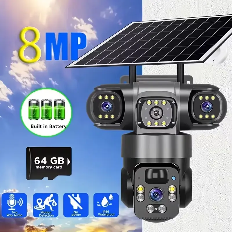 Solar-Powered Wireless Outdoor Security Camera - Rotatable PTZ Home Security Camera with 2.4GHz Wi-Fi, Multi-Lens, Motion Detection, Night Vision, 2-Way Audio, Remote App Monitor, Easy Installation, Optional 64GB/128GB/256GB SD Storage, Speaker, Cable, Ch