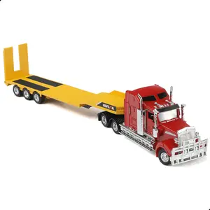 1/50 Scale Kenworth W900 Semi Truck with Lowboy Flatbed Trailer Die-Cast Model – 15.74 Inch Red Cab Yellow Trailer Heavy Transport Tractor, Collectible Metal Truck Gift for Boys and Adults