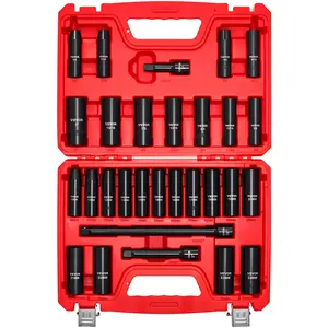 VEVOR 1/2 in Drive Impact Socket Set, 29 Piece, 6 Point Deep Impact Sockets, SAE (3/8 to 1 inch) and Metric (10 to 24 mm) Sizes with Extension Bars (3, 5, 10 in), Cr-V Steel, Heavy Duty Carrying Case