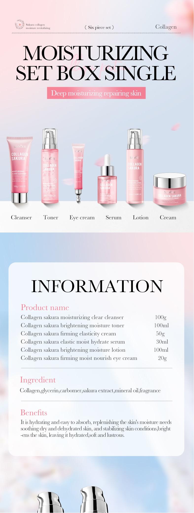 Collagen Sakura Moisturizing Revitalizing Six Piece Set - Hydrating Skin Care Kits for Radiant Glow & Plump Smooth Skin Collagen Sakura Moisturizing Revitalizing Six Piece Set - Hydrating Skin Care Kits for Radiant Glow & Plump Smooth Skin