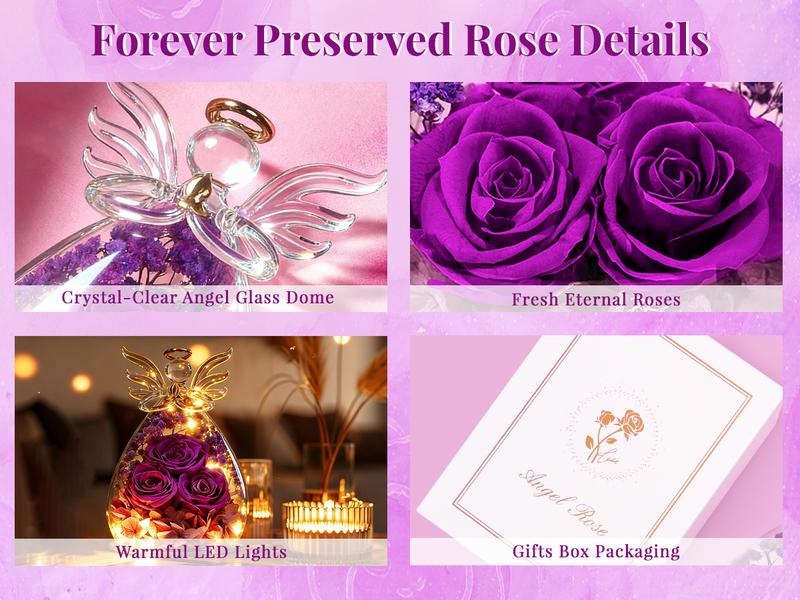 【Real Rose】DEEMEI Preserved Ross in Glass Angel Figurine Eternal Flower Valentine's Day Gift Idea for Her Mom Grandma Wife Women form Daughter
