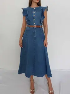 Midiross Women's Ruffle Sleeve Denim Dress Button Front Casual A-Line Jean Dress (Belt Not Included)