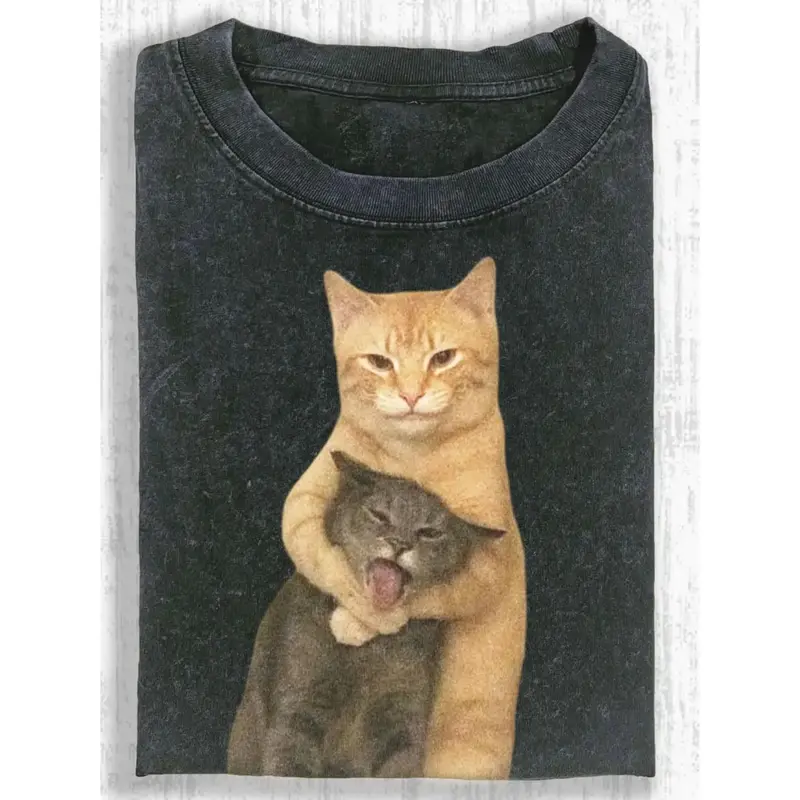 Vintage Washed Funny Cat Graphic T-Shirt, Oversized Humor Streetwear Tee for Cat Lovers, Perfect for Casual Wear & Gifting