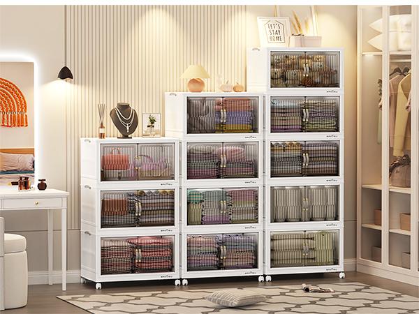 Broview 360Qt Large Storage Bins with Lid, 90Gal Stackable Closet Organizer and Storage Drawer, Collapsible Storage Box with Wheels, Plastic Clothes Storage Cabinet Containers for Home Organization, Black/White