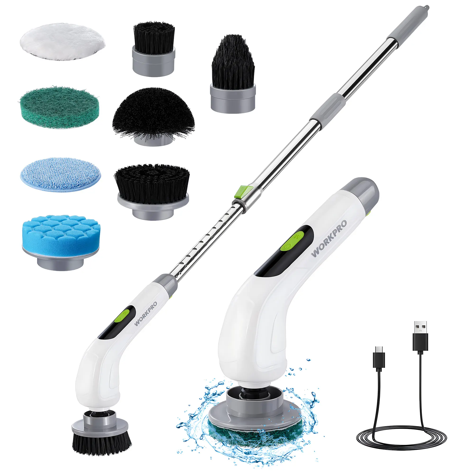 #backtoschool WORKPRO Electric Spin Scrubber, Cordless Cleaning Brush, Shower Scrubber with Long Adjustable Handle & 3-Speed, 8 Replaceable Brush Heads, Spin Brush for Cleaning Kitchen, Bathroom, Bathtub, and Floor