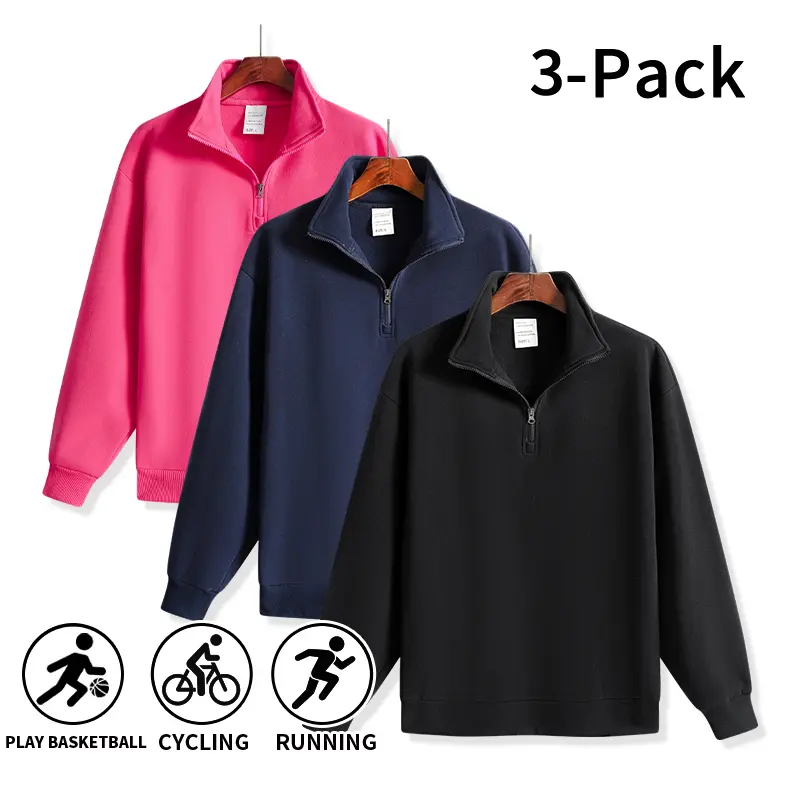 Men's Plain Basic Tops, 3-Pack Solid Half-Zip Pullovers - Relaxed Drop-Shoulder Fit, Stand Collar, Long Sleeves for Fitness, Sporty Chic Athleisure Wear