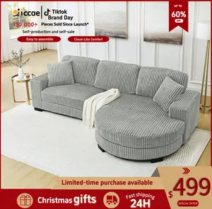 [3 Pack] Niccae Modern Floor Standing Sofa with 2 Pillows Convertible Foam Bed Sofa Corduroy Upholstered Lounger L Shaped Sectional Sofa with Ottoman Sectional Sofa for Home Office Living Room Bedroom Apartment Viral Boneless Sofa