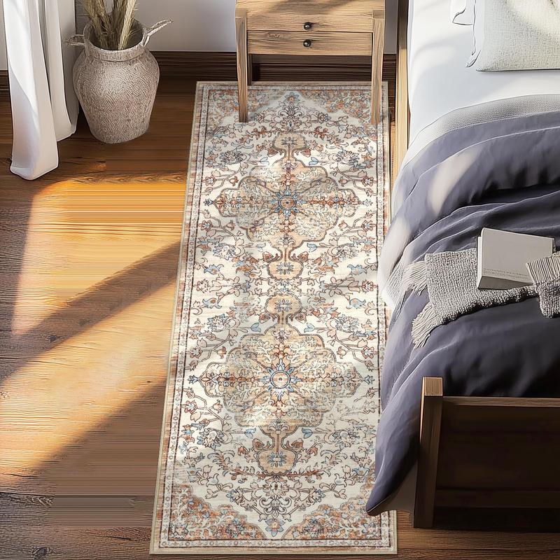 【TikTokShopHolidayHaul】Vintage Non-Slip Floor Runner Rug Soft Farmhouse Medallion Rug Washable Easy to Clean Rugs for Hallway Kitchen Bedroom Entryway Laundry Room 0.4-inch Thick Premium Faux Wool Ultra Soft Resilient Against Wear and Tear Stain-Resistant