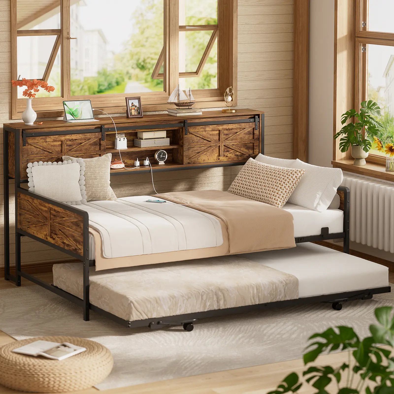 Farmhouse Twin Daybed with Pop-up Trundle Pull Out Bed, Bed Frame with Charging Station on Headboard, Sturdy Heavy-Duty Metal Frame, Bookcase Headboard with 2 Sliding Doors, Indoor Furniture for Studio Apartments,sohochic