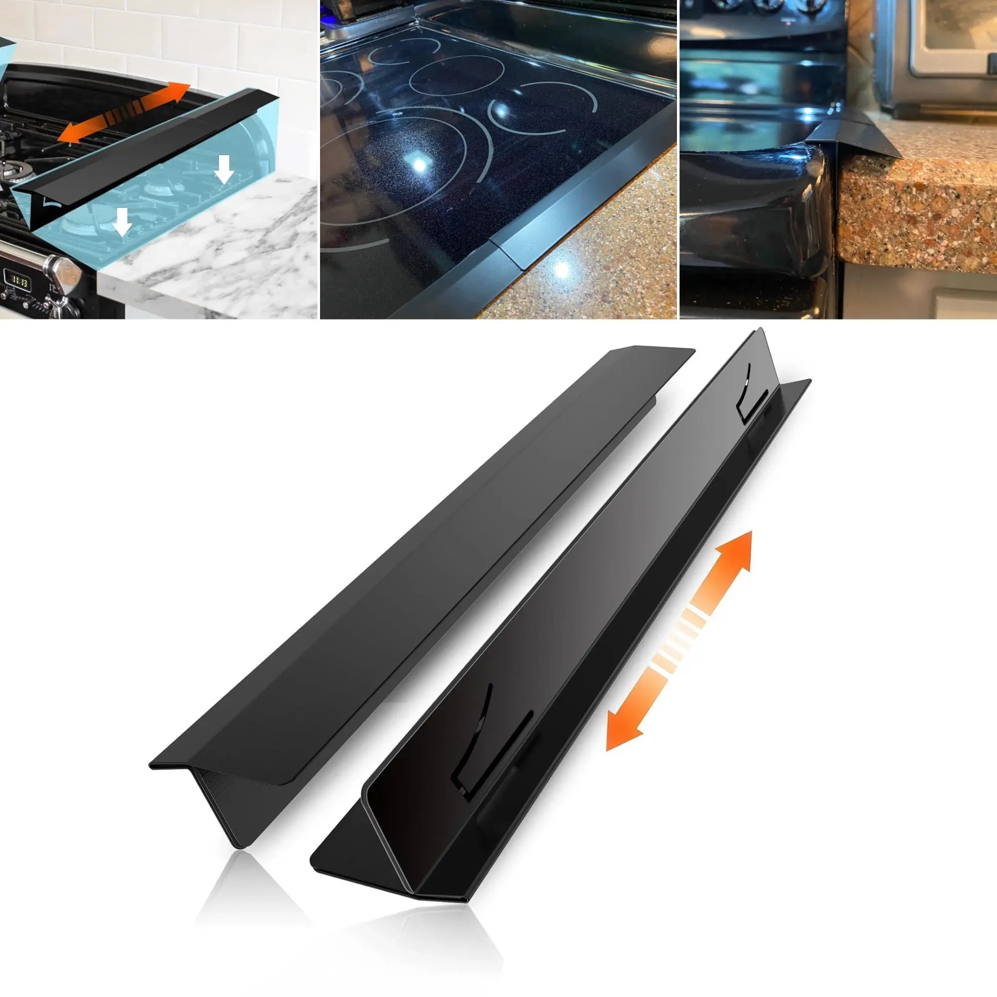 2-Piece Modern Stainless Steel Kitchen Stove Gap Covers - Adjustable Countertop Filler, Heat-Resistant, Oil-Resistant, Easy-Clean, 13.8"-27.5" Range Trim Kit