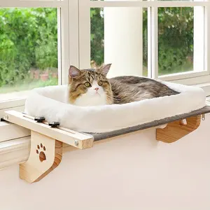 Cat Window Perch with Cushion Bed – Sturdy Wood & Metal Frame Hammock for Large Cats, Adjustable Sill Seat