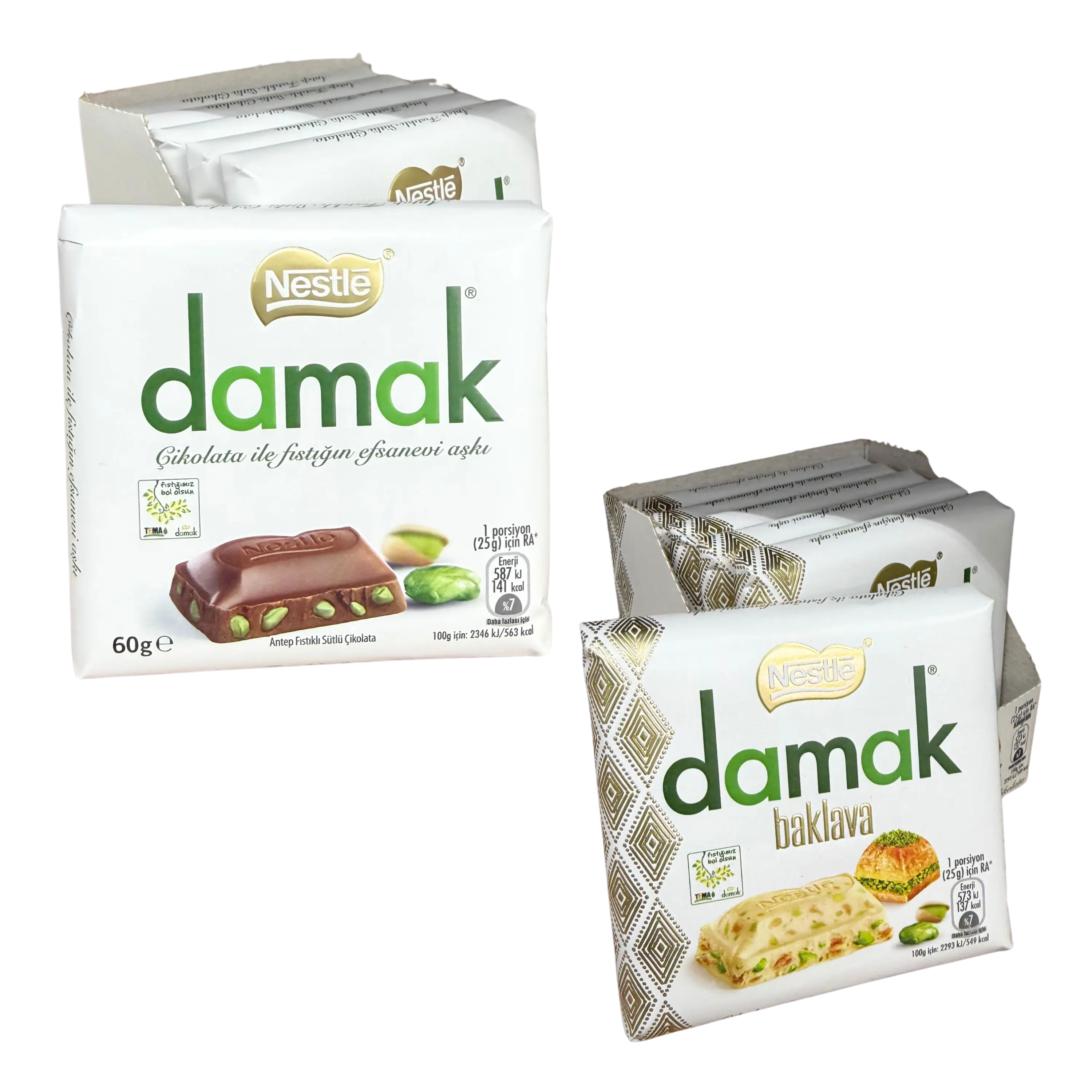 Nestle Damak Chocolate Bar - 2 Flavors - Milk Chocolate with Pistachio - White Chocolate with Baklava bits
