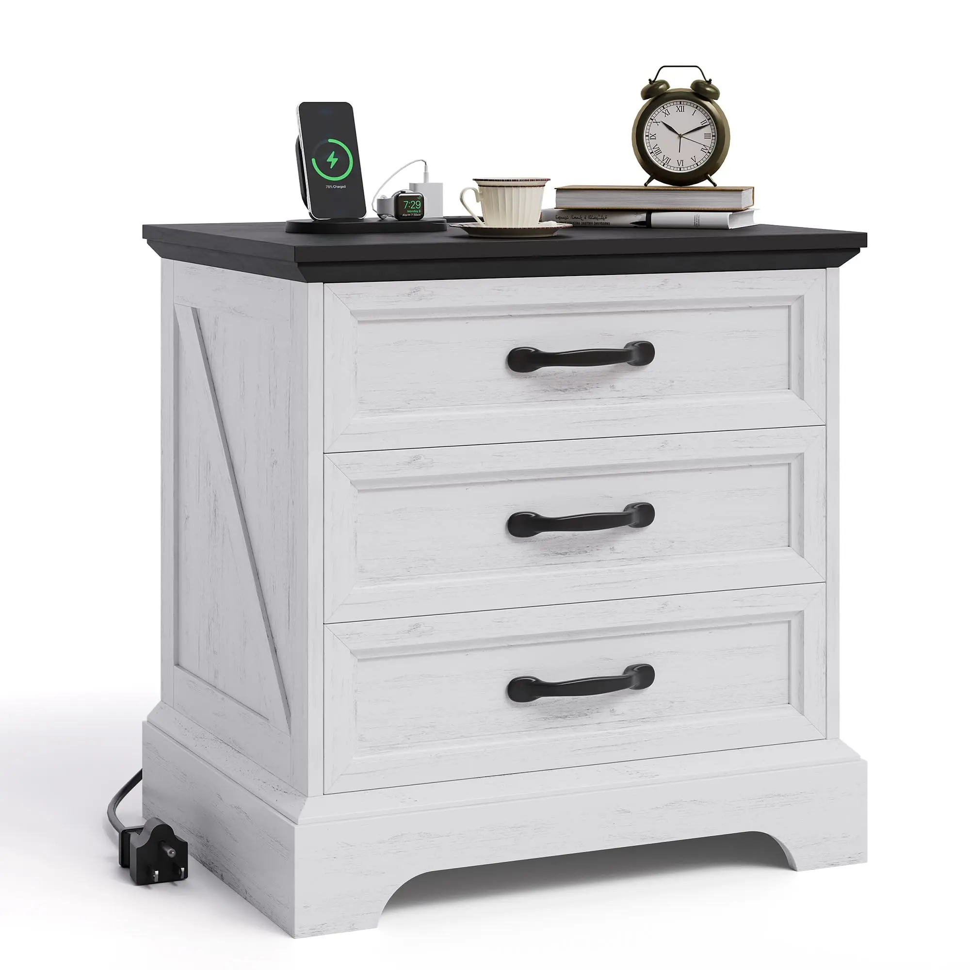 Garvee Modern Nightstand with Charging Station and 3 Large Drawers, Rustic 24.8 Inches Wide, Large Retro Wooden Side Table Next to the Living Room Table, Bedroom, White Color