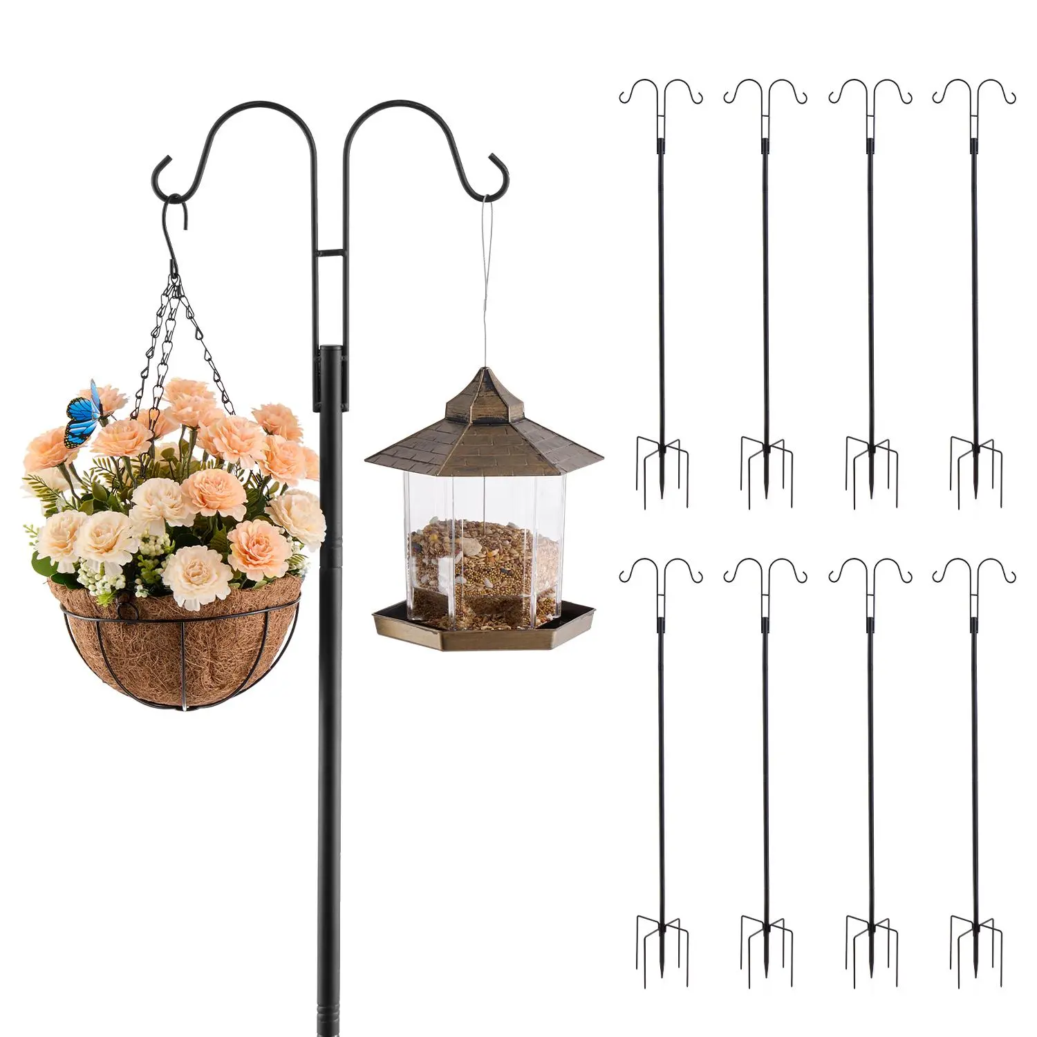 【SummerFinds】VEVOR Double Shepherds Hooks for Outdoor,  , 8 Pack 60 Inch Heavy Duty Bird Feeder Pole, 3/4 Inch Thick Garden Hooks for Hanging Hummingbird Feeder, Plant Baskets, Solar Light Lanterns,Wind Chimes