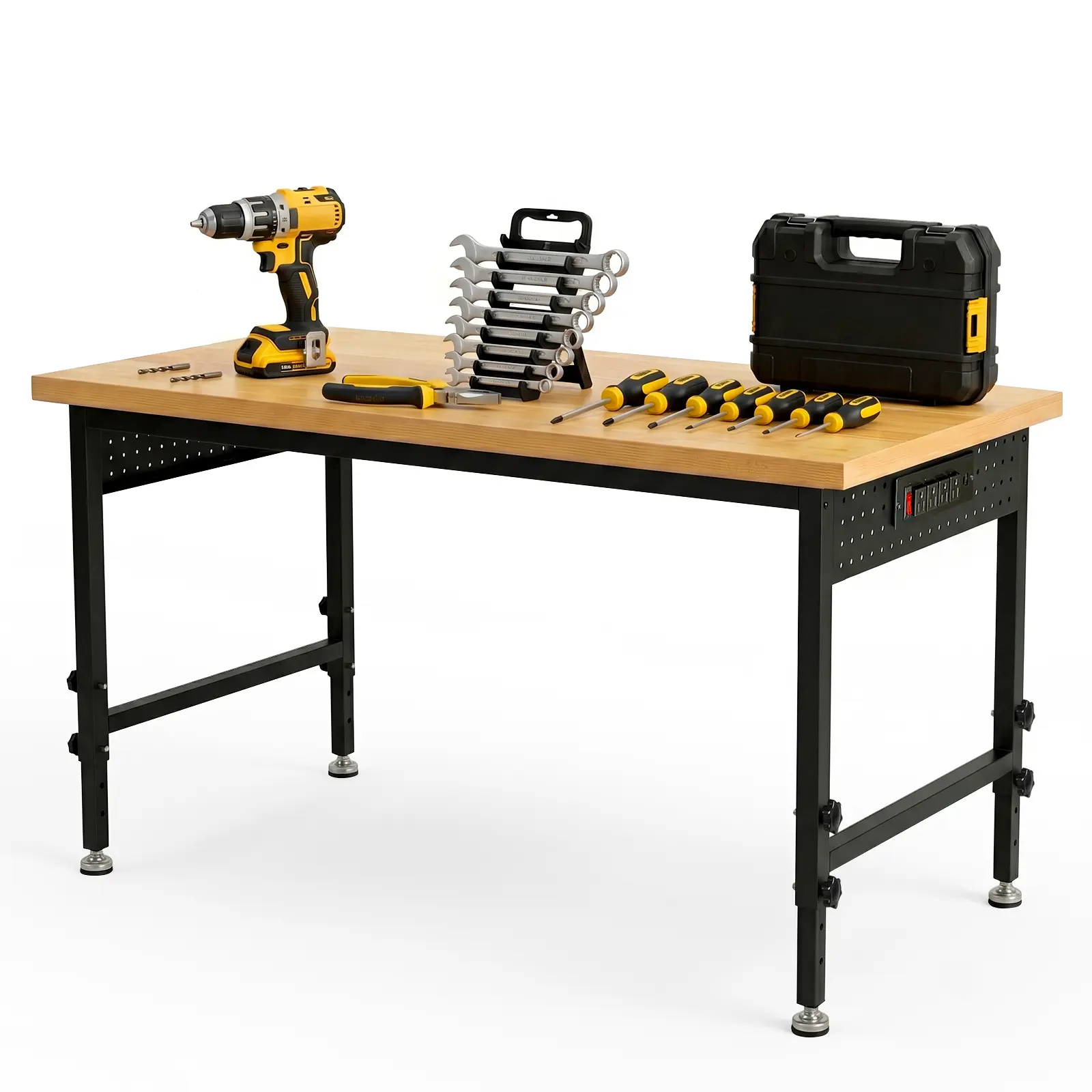 NorthSky 48" x 24" Adjustable Wood Tabletop Workbench - Heavy-Duty Steel Legs, 2000 lbs Capacity, 7-Level Height Adjustment, ETL-Certified Built-In Indoor Power Station (4 AC Outlets, 2 USB Ports), Dual-Side Pegboards with 6 Hooks for Heavy Projects