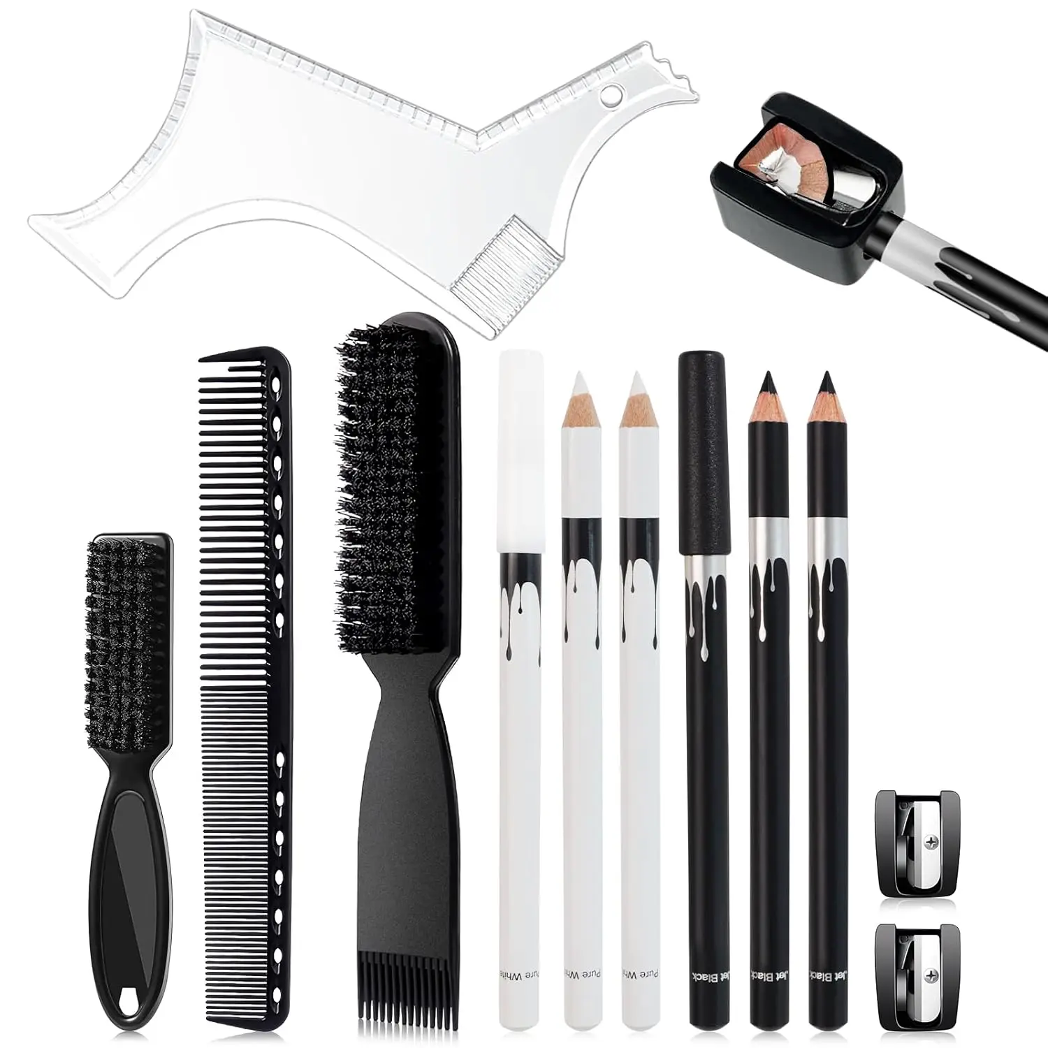 12Pcs Male Adults' Beard Shaper Hair Grooming Kit - White & Black Barber Pencils, Sharpener, Barber Chalk, Brush, Comb - Home Improvement Haircare Tools for Beard Lineup, Hairline Design (Great for Birthdays)