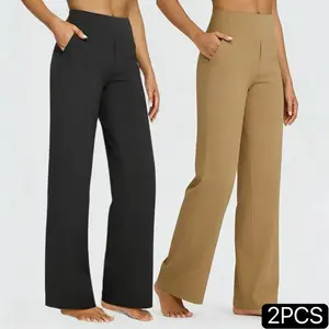 2PCS  Women's High-Waisted Women's High-Waisted Tummy Control Straight-Leg Yoga Pants with Side Pockets, Breathable Fabric for Yoga, Outdoor Sports, and Daily Commuting, Soft & Machine Washable