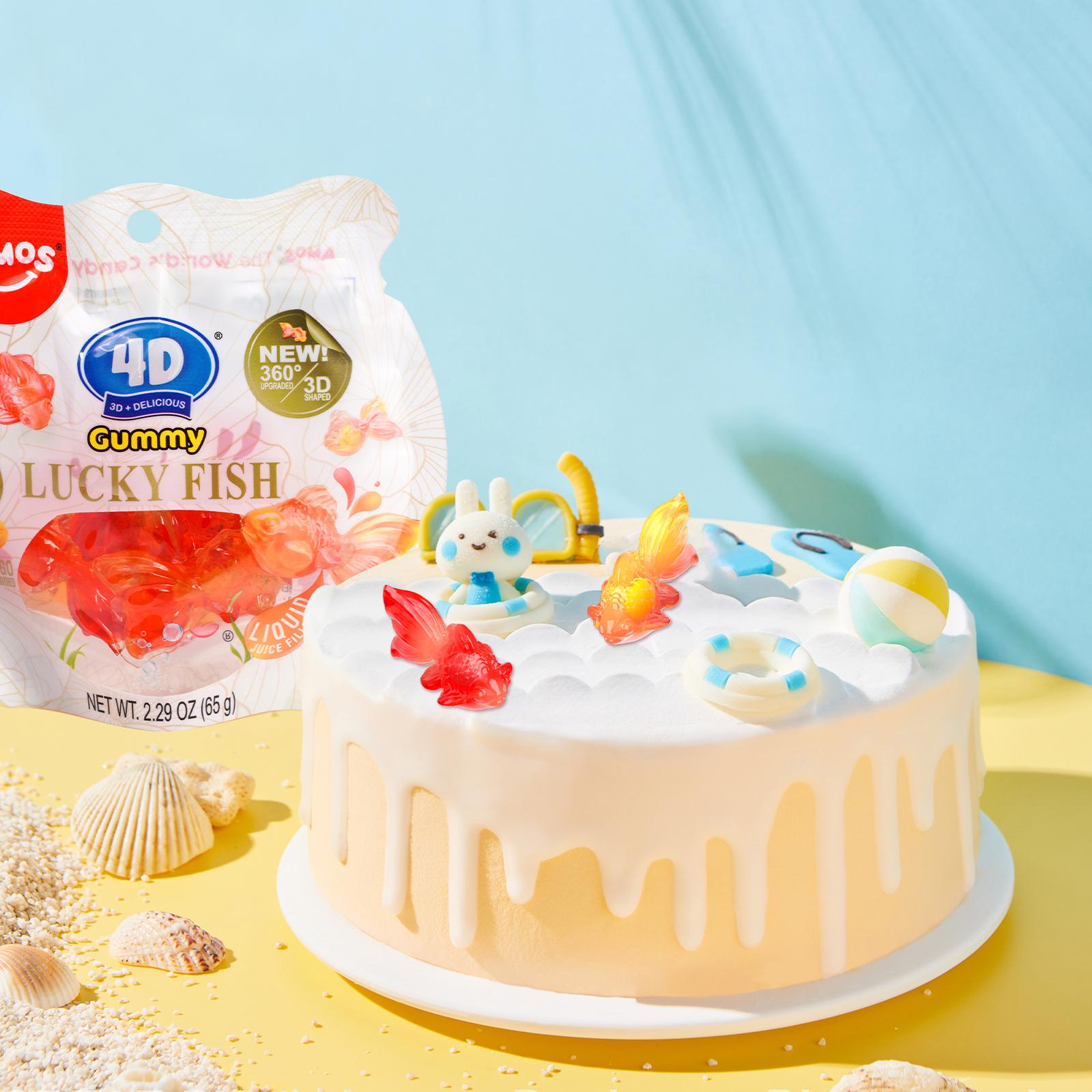 Amos 4D Lucky Fish Gummy – Real Juice Filled, 3D Shaped Goldfish Candy for Fun & Drinks(Peach & Mango Flavor, 65g) Perfect Sweet gift Snack Fruit