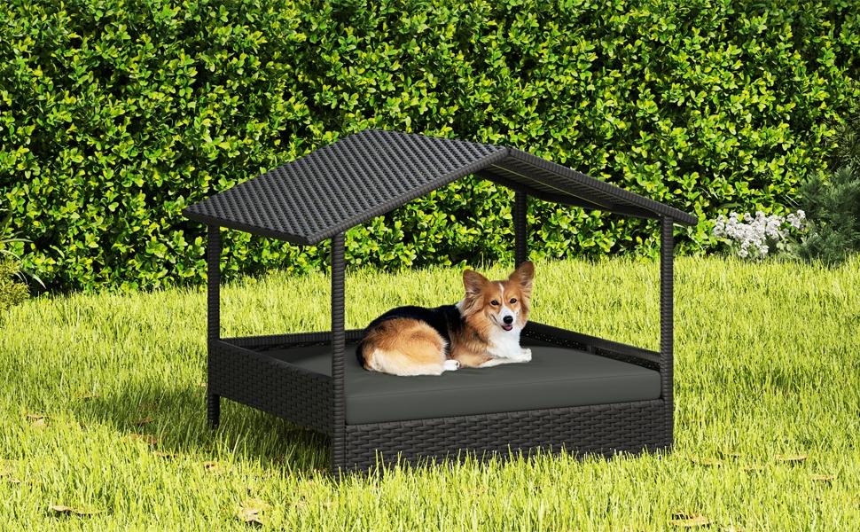 Yaheetech Rattan Dog House, Outdoor Elevated Dog/Cat/Rabbit Bed with Canopy and Foam Cushion, Raised Pet House for Indoor and Outdoor
