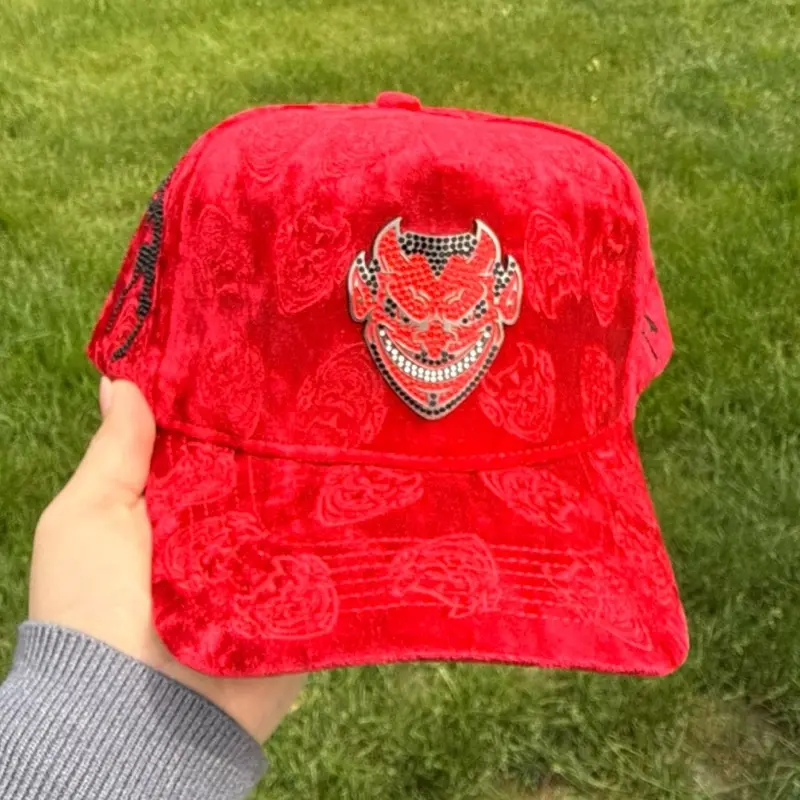 Devil's Hat - Black Velvet Baseball Cap with Red Devil Design and Skull Patterns HAT ONLY