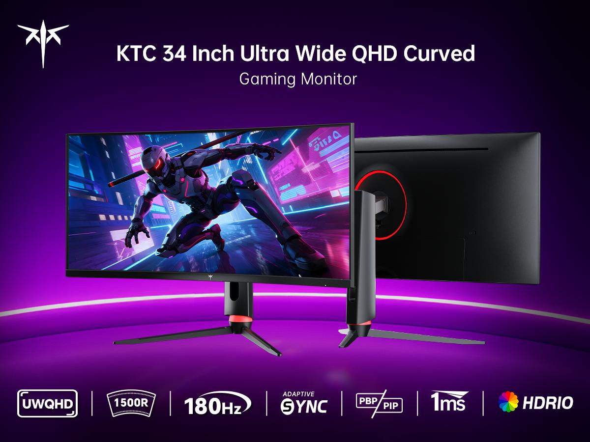 KTC 34" 2K WQHD 180Hz 3440X1440P Curved Gaming Ultrawide Monitor, 1500R PC Monitor, HDR10, FreeSync & G-Sync, HDMI, DisplayPort, VESA, Tilt Swivel Height Pivot Adjustment, H34S18S