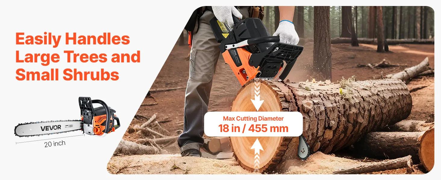 VEVOR 62 cc Gas Chainsaw 20 inch 3.8 HP Power Chain Saw with Non-Slip Handle Dual Fuel Tanks for Wood Cutting Tree Trimming Land Clearing