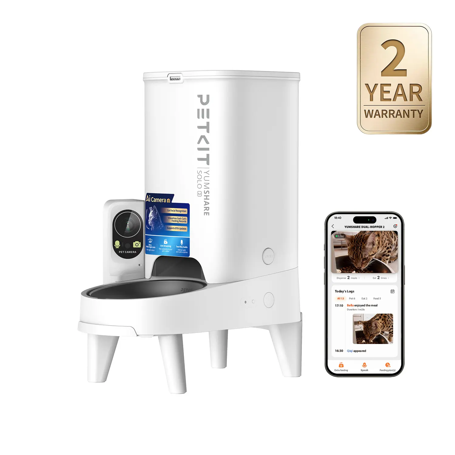 PETKIT YumShare Solo 2 Smart Stainless Steel 3L AI Pet Food Feeder with Camera - Facial Recognition for Up to 15 Pets, Live Video Streaming, App Control, Customized Meal Plans, Triple Fresh-Lock Systems (for Dogs & Cats), Power Supply, Silicone, Ai Camera