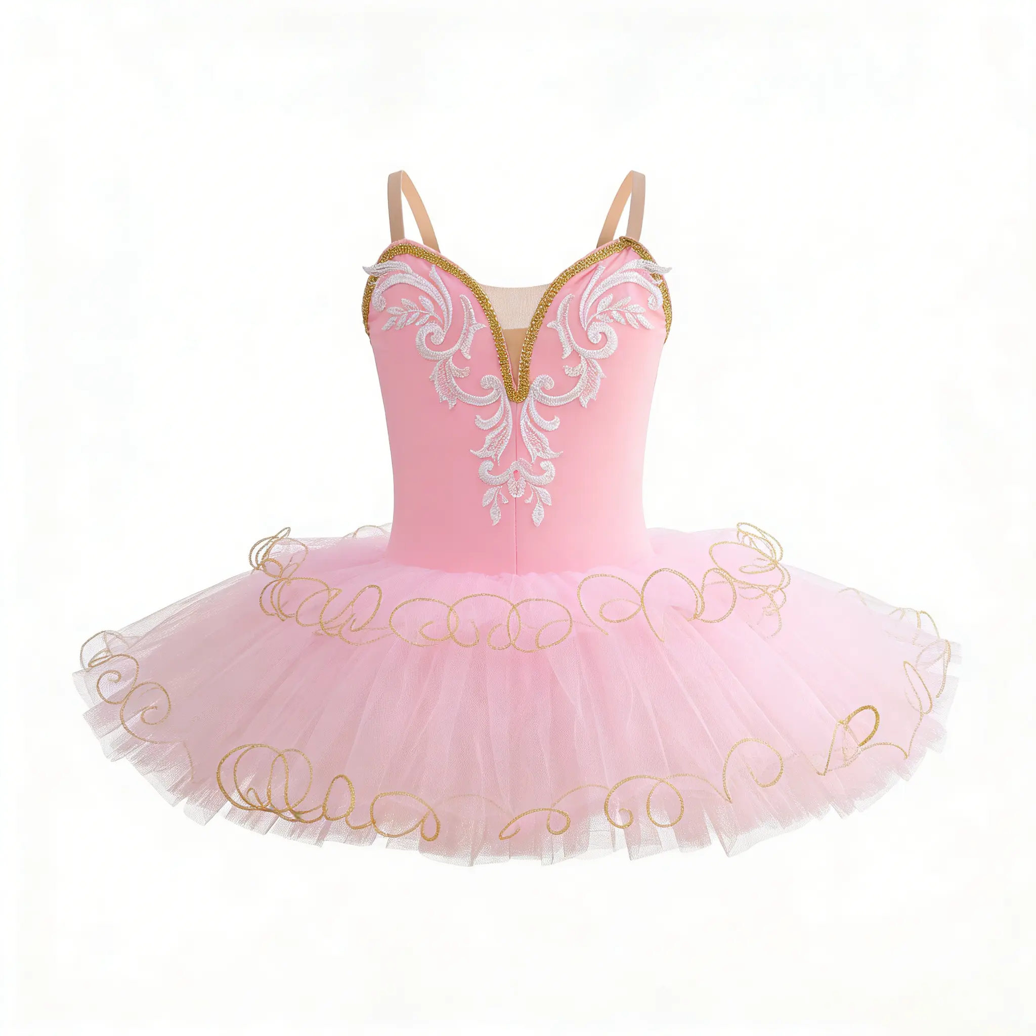 Girls' Pink Ballerina Dress - Gold Trim Embroidery, Polyester Spandex Leotard Dress, Dance Clothes for Princess Wear