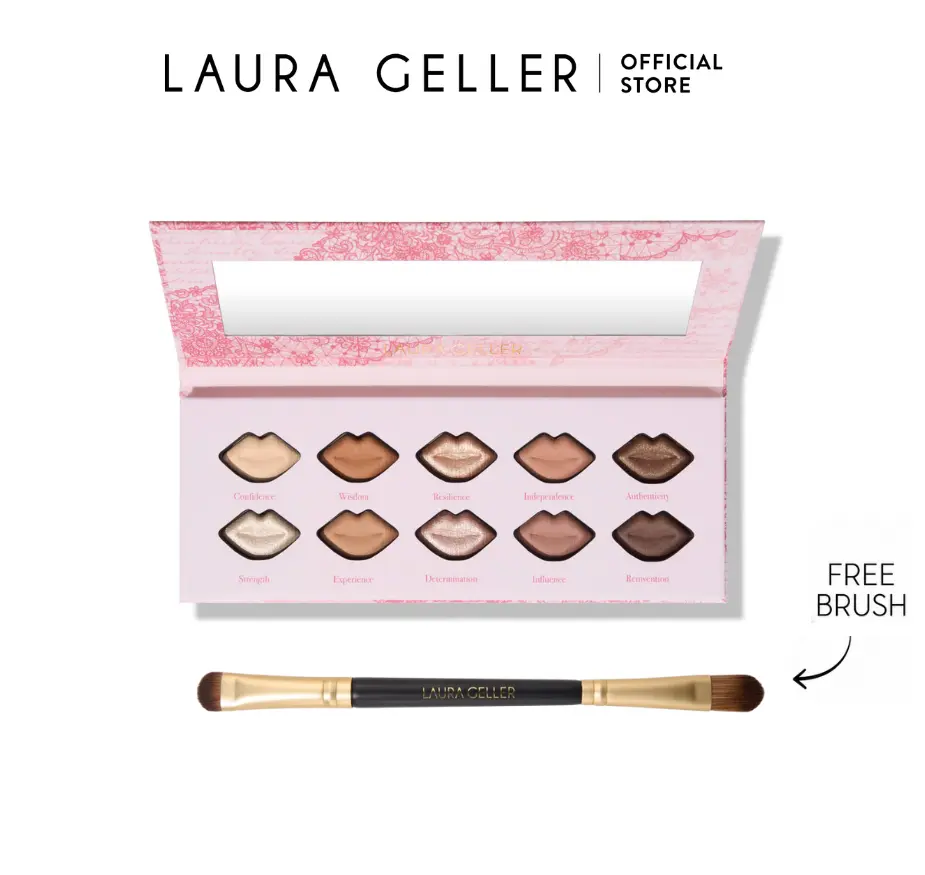 Laura Geller Baked Kisses Eyeshadow Palette + FREE Dual-Ended Eyeshadow Brush - 10 Silky Cream-to-Powder Shades with Shimmers & Matte Finishes for Rich Color Payoff - Makeup, All Over Glimmer