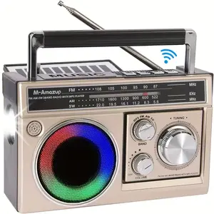M-Amazup portable AM/FM radio, retro portable radio with Bluetooth speaker and flashlight, strong reception, equipped with colorful ambient lighting, supports TF cards, solar/battery/AC charging, suitable as a gift, for home use，Rechargeable