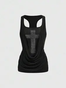 EVO x Grunge Punk SummergraphicY2K Style Deep Draped Neck Cross Metal Rivet Fitted Camisole