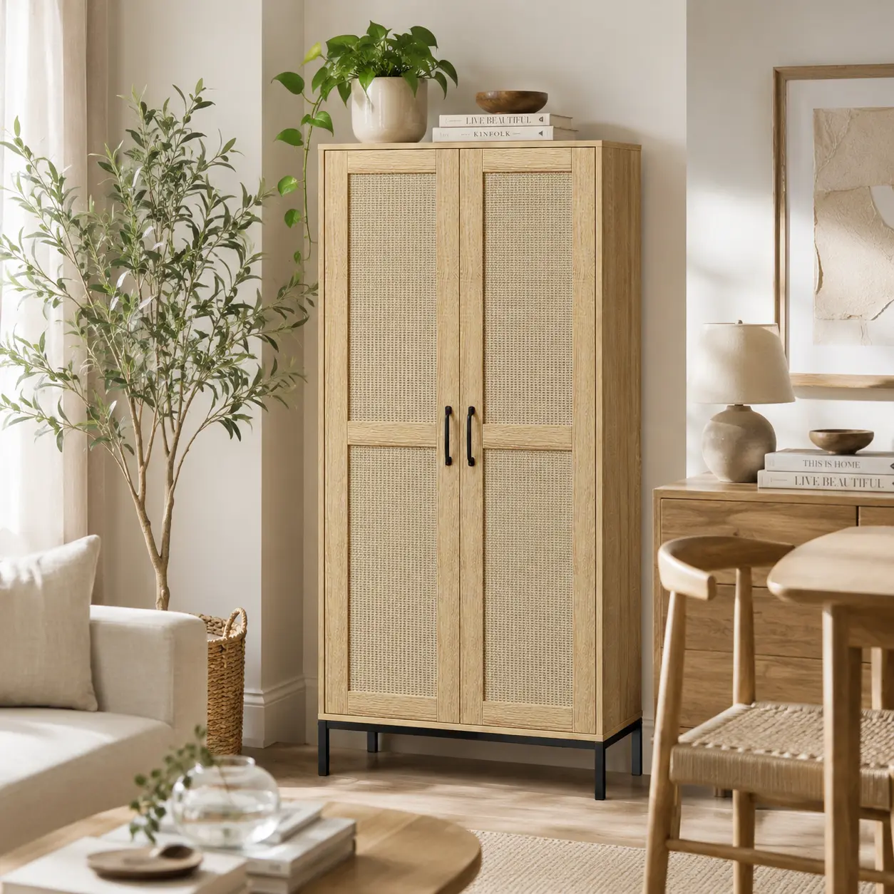 60-inch tall kitchen pantry with 2 rattan doors and 3 adjustable shelves, a freestanding cabinet storage unit, suitable for kitchens, laundry rooms, living rooms and dining rooms