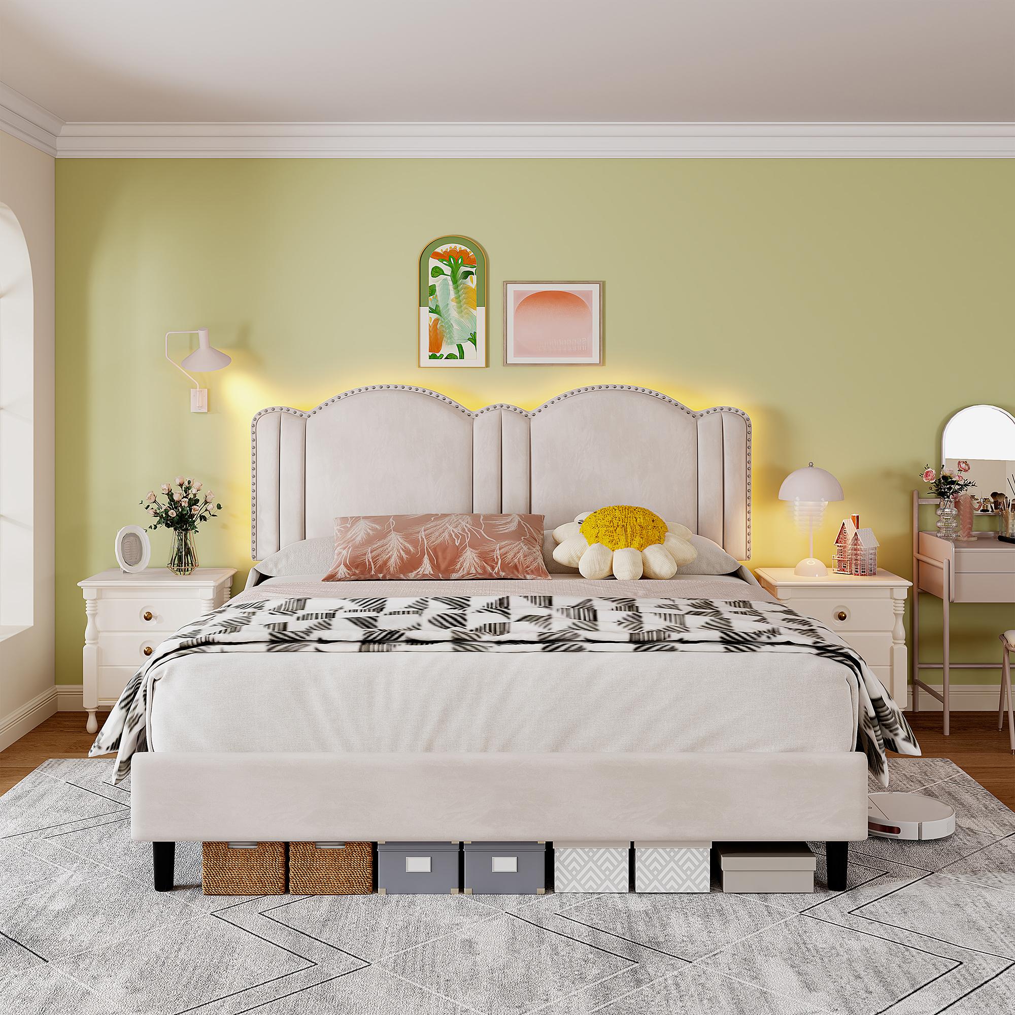 Raybee Furniture Full/Queen Size Upholstered Bed Frame with Velvet Cloud Headboard, Pink Princess Bed Frames with Storage Drawer and LED, Headboard Height Adjustable, Strong Support, No Box Spring Needed, Easy Assembly [Black Friday]