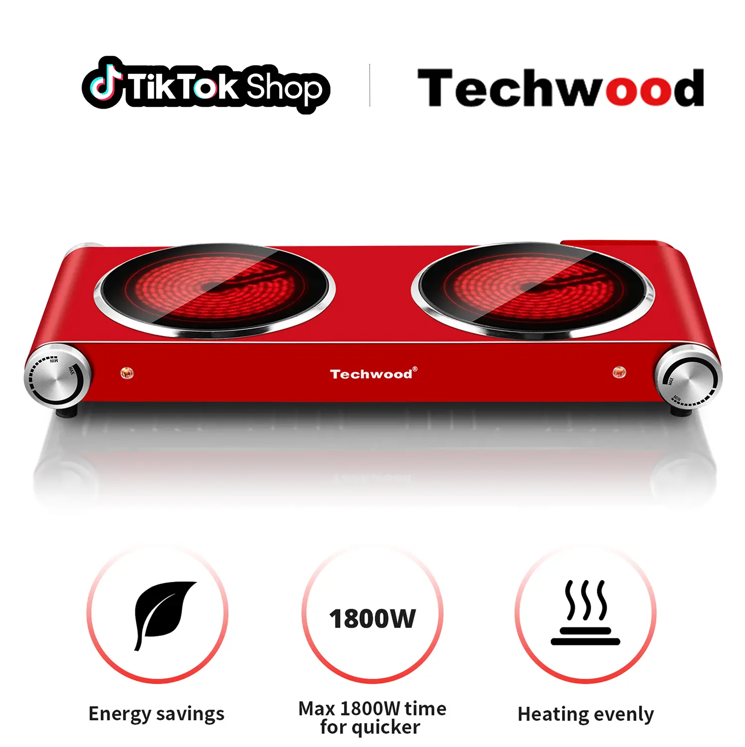 Techwood 1800W Dual Burners Infrared Portable Countertop Induction Hob - Classic Steel Frame, US Plug, Stylish Small Body, Brushed Stainless Steel & Dual Crystallite Glass Ceramic Cooktop, Easy Cleaning, Black, Compact tiktokshopbacktoschool