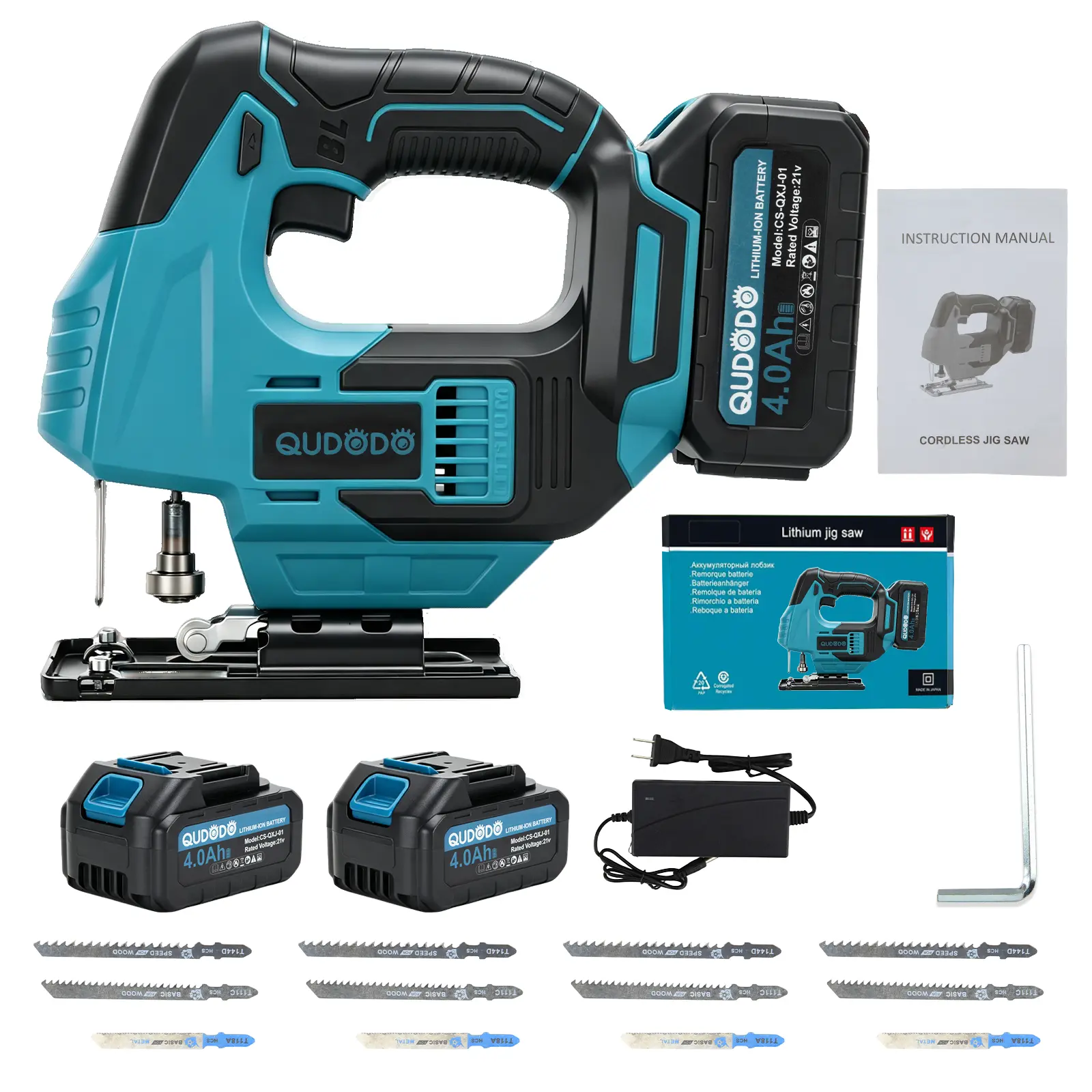 Qudodo 21V Cordless Jig Saw, Brushless Power Jig Saws With 2 x 4.0Ah Batteries, Charger And ±45° Bevel Cuts, Jigsaw Tool With 12 Blades And Variable Speed, Caladora Inalambrica For Wood, Metal Cutting