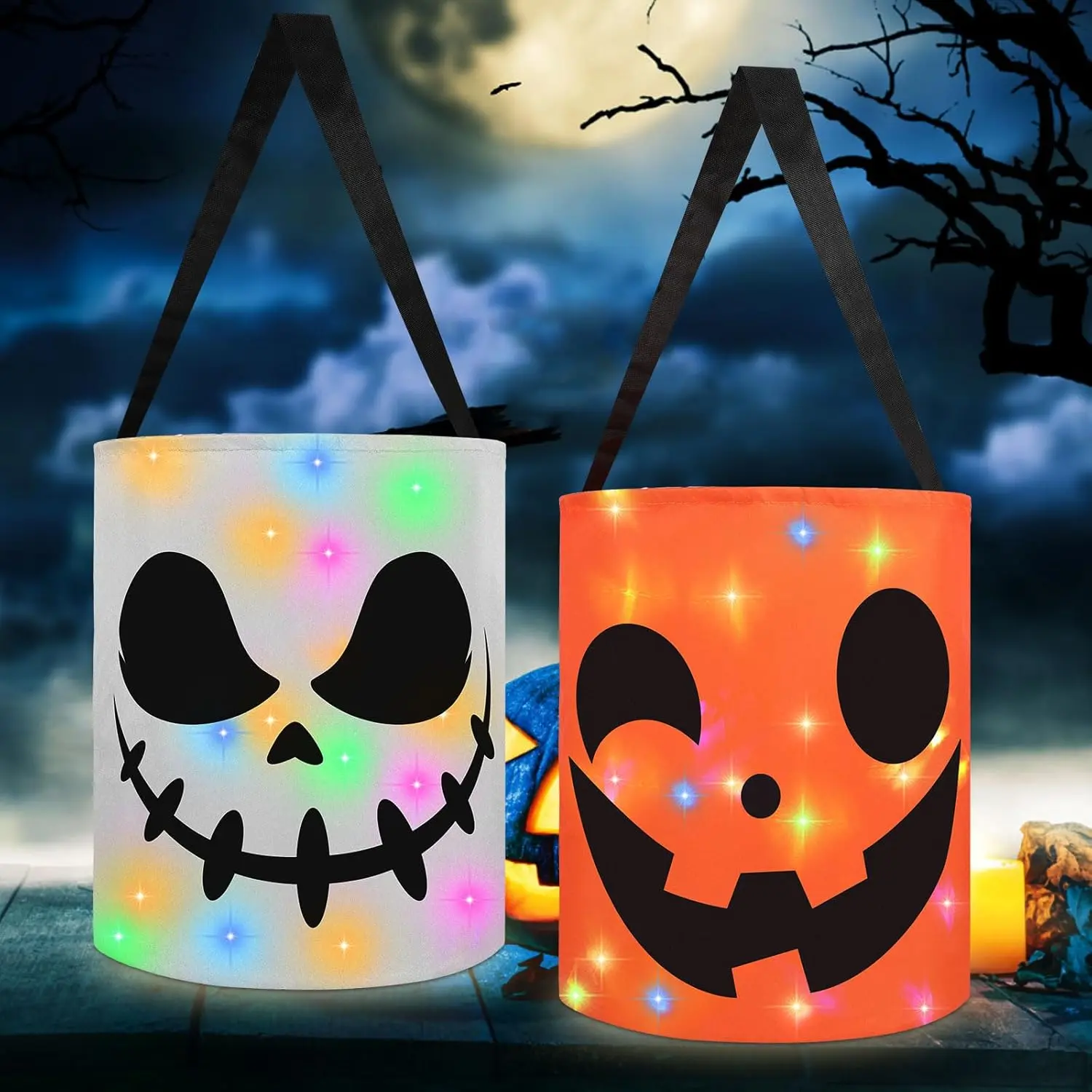 2Pcs Light Up Halloween Trick Or Treat Bucket, Candy Bags for Halloween Party LED Glow in The Dark Goodie Bags for Trick Or Treat Candy Gifts