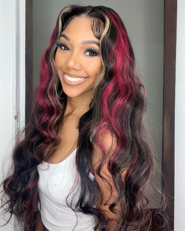 Highlight Blonde with Red Human Hair Wigs Transparent 13x4 Lace Frontal 180 Density Black Red Stripe Wig Pre Plucked Brazilian Body Wave Lace Front Wig
