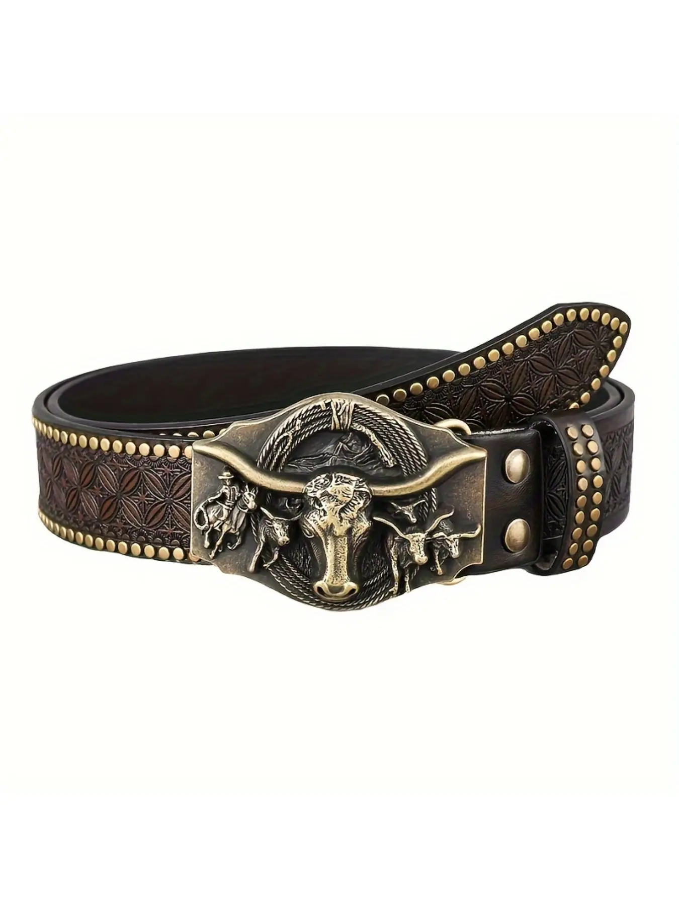 Men's Western Cowboy Style Bull Head Belt | Vintage Rivet-Detailed Embossed Leather Fashion Accessory Bling Western Belt With Buckle Stylish Belts Rivet Decorated Belt