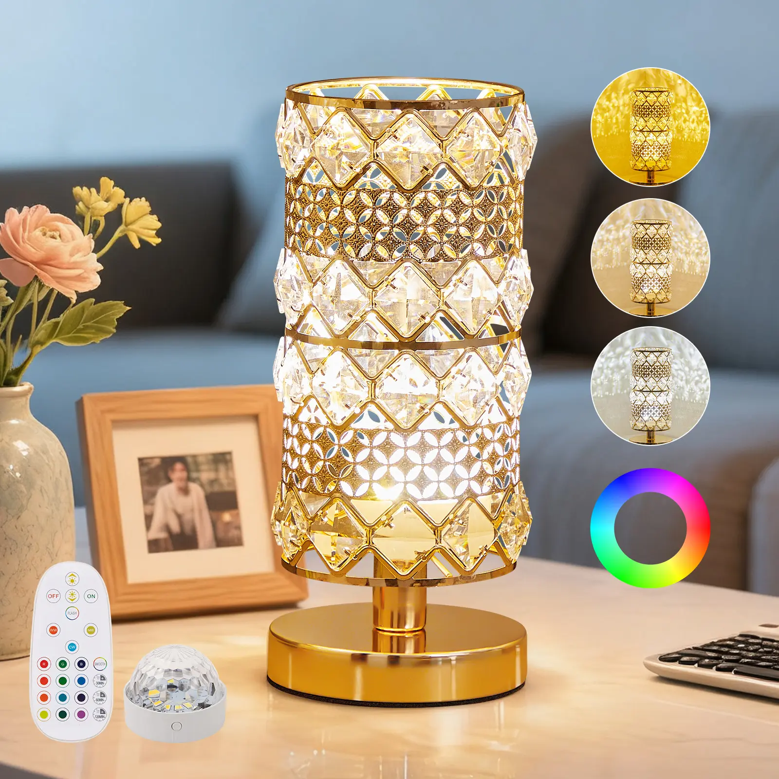 Dimmable Touch-Control Crystal Lamp with Wireless Charging, 15 RGB Color Changing Modes, Unisex Mood Lighting for Nightstands, Desks - Indoor Home Decor Light, Indoor Use