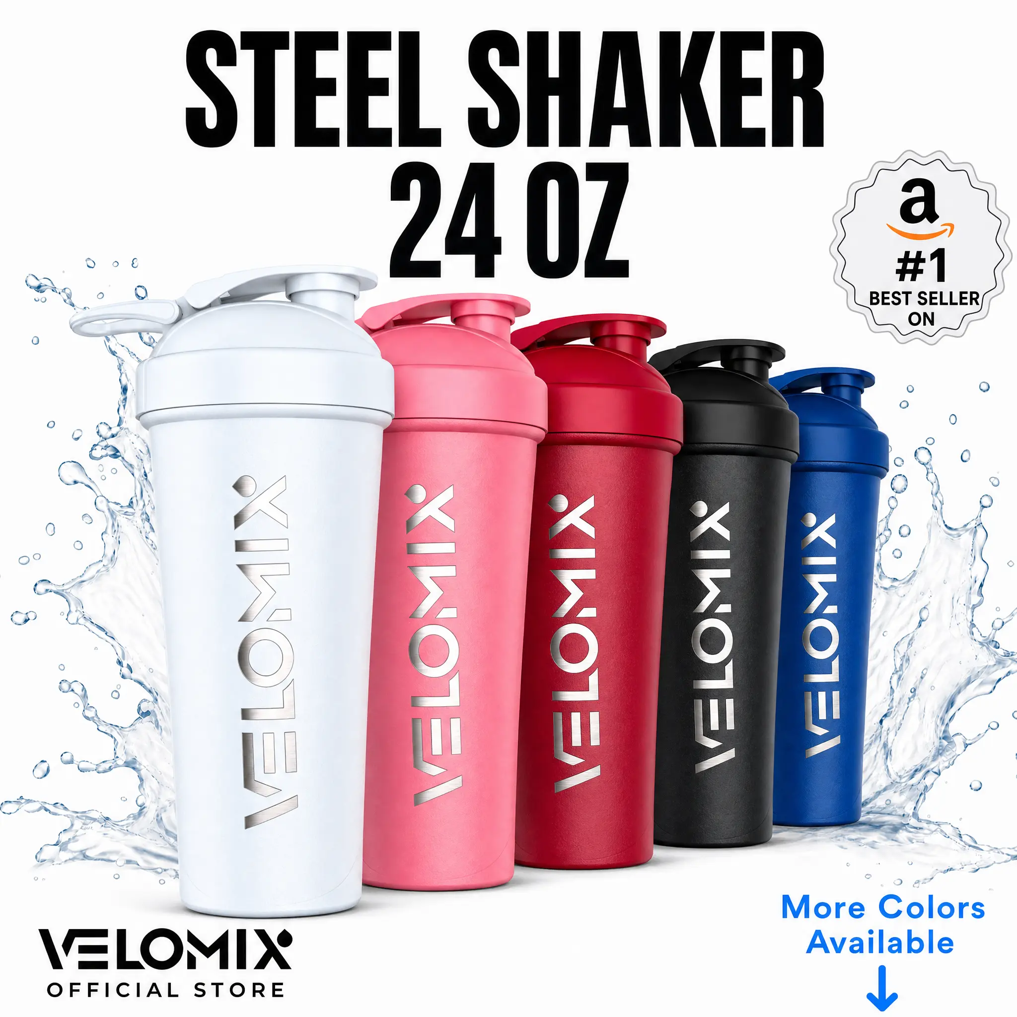 VELOMIX 24oz Stainless Steel Insulated Shaker Bottle - Wire Whisk, Wide Mouth Lid, Leakproof Seal, Clump-Free, Odor-Resistant for Fitness Hydration, Outdoor Sports, Insulation