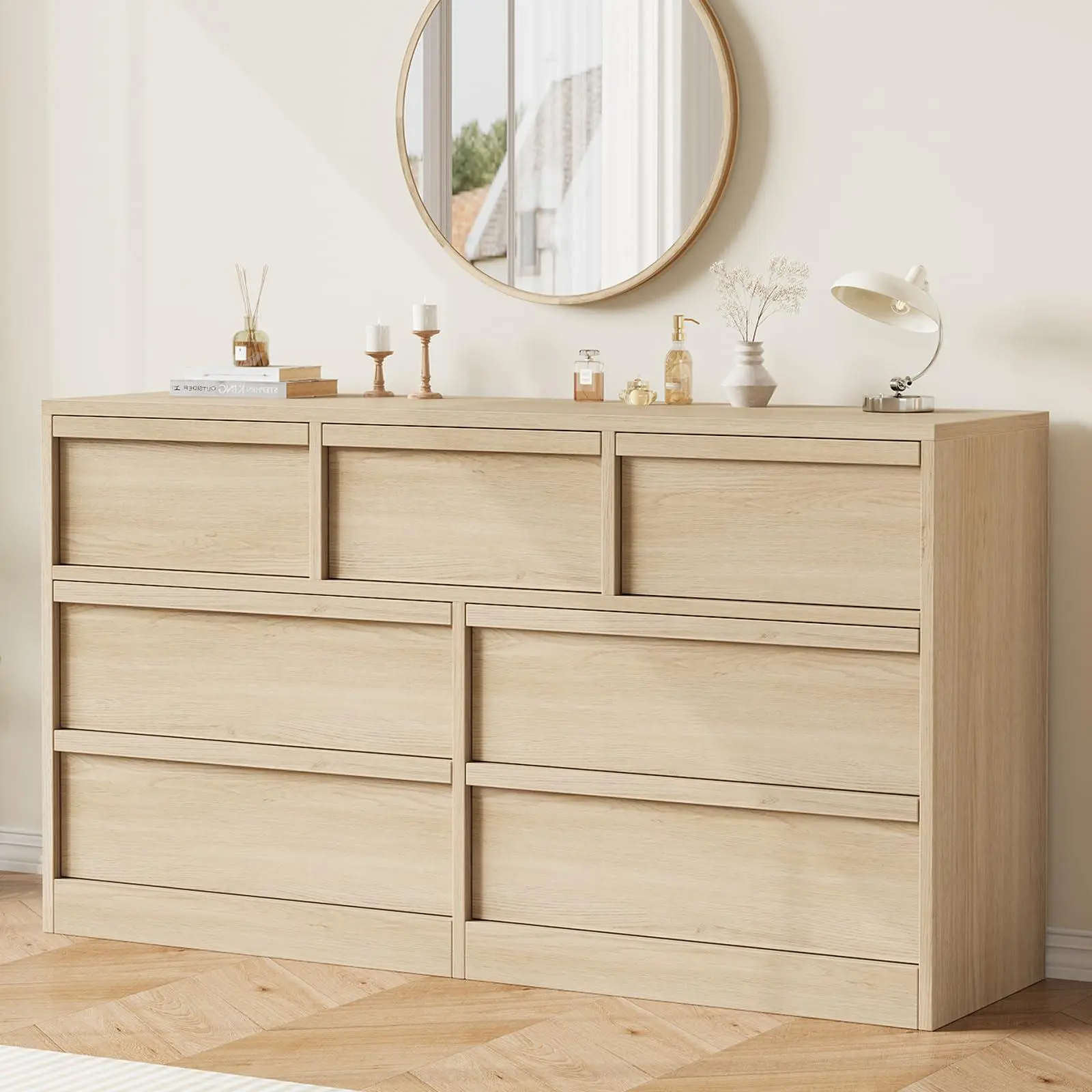 Garvee 7 Drawer Dresser for Bedroom, 54in Wide Natural Oak 7 Chest of Drawers with Large Storage, Wooden Dresser Organizer for Living Room, Nursery, Entryway