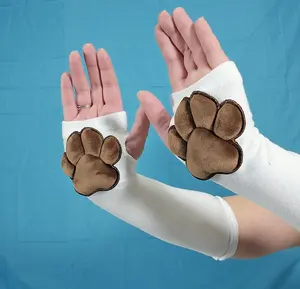 Plush Brown Paw Pads on White Fingerless Gloves