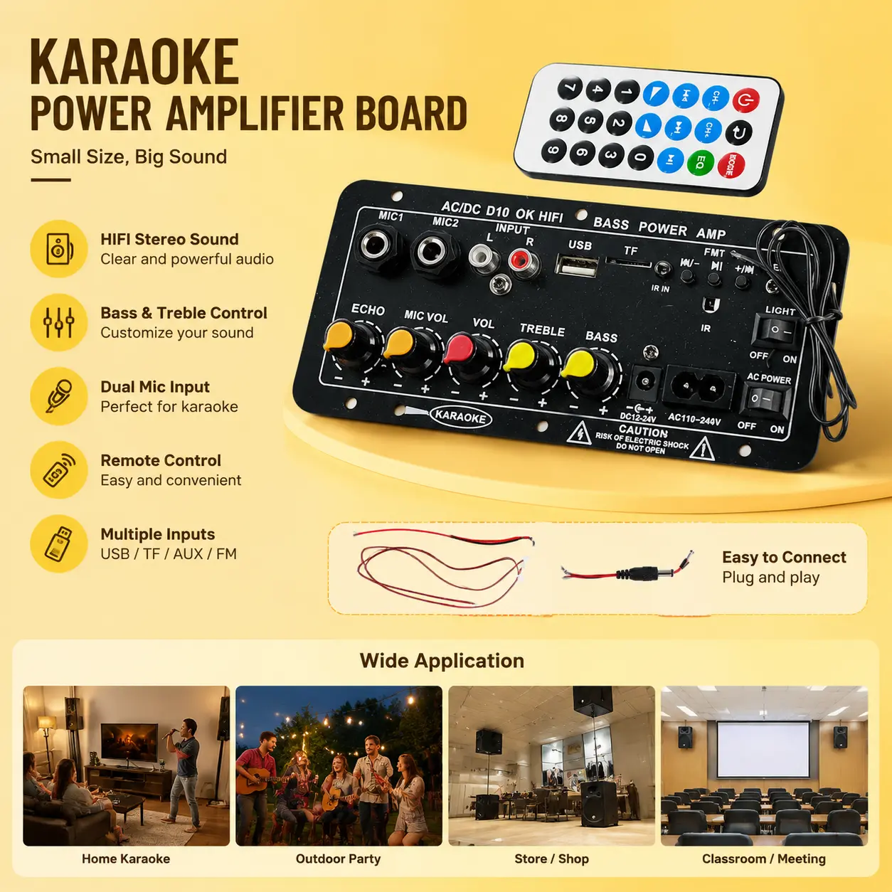 Portable Wireless Bluetooth Karaoke Amplifier Board - Dual-Mic Echo Mixing Audio Module with USB, Radio, Adjustable Remote Control, Hi-Fi Stereo Power Amplifier for Home KTV, Party Use, Protection