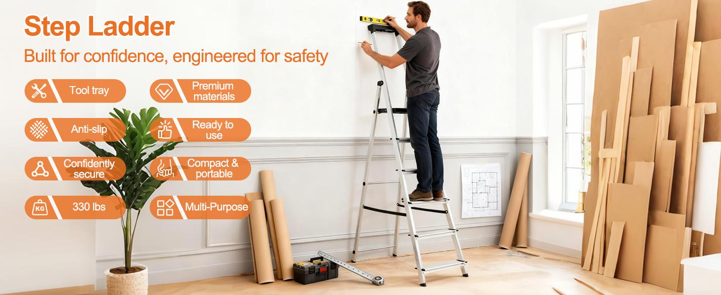 Step Ladder, Folding Step Stool with Anti-Slip Wide Pedal Handrails, Aluminum Stool Ladders, Safety Household Ladder for Home Kitchen Courtyard Outdoor