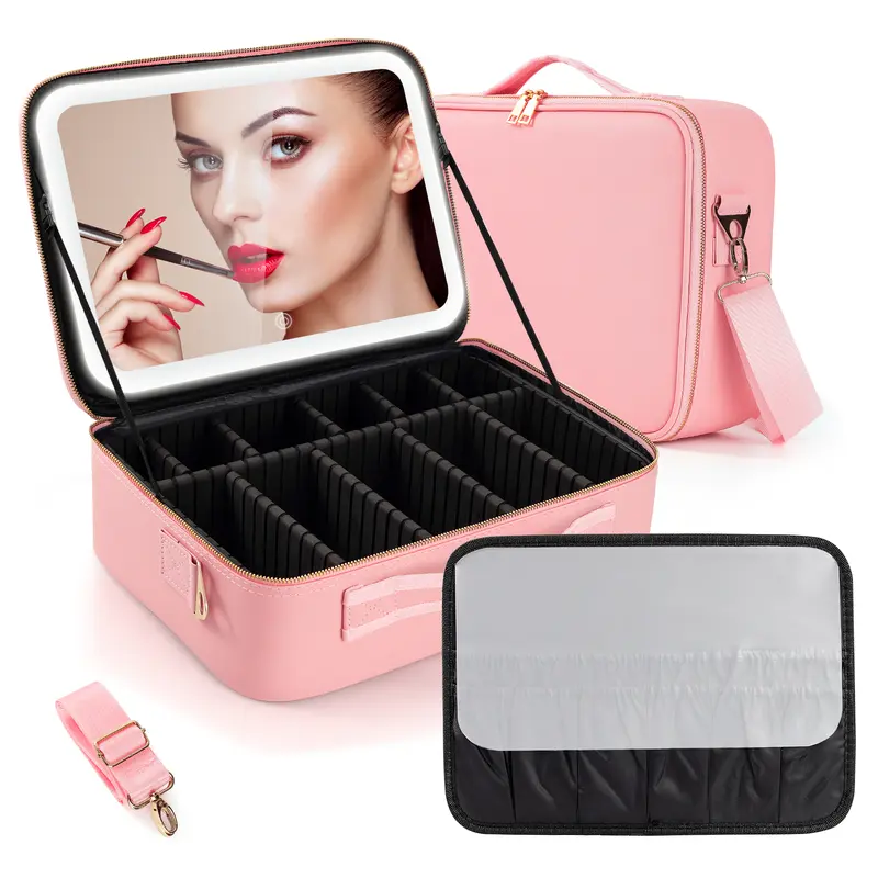 Viral Plus Size Travel Makeup Bag with Lighted Mirror  Waterproof Cosmetic Train Case with Three-color Light Adjustable Dividers Must-Have Organizer for Makeup Lovers Perfect Gift for Her