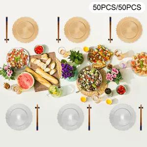 50 Pcs Golden/Sliver Antique Charger Plates Bulk 13 Inch Embossed Rim Plastic Party Dinner Plate Chargers Round Decorative Server Plate for Wedding Party Event Tableware