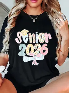 100% Cotton Senior 2026 Pastel Floral Patchwork Letters with lace Bow T-Shirt