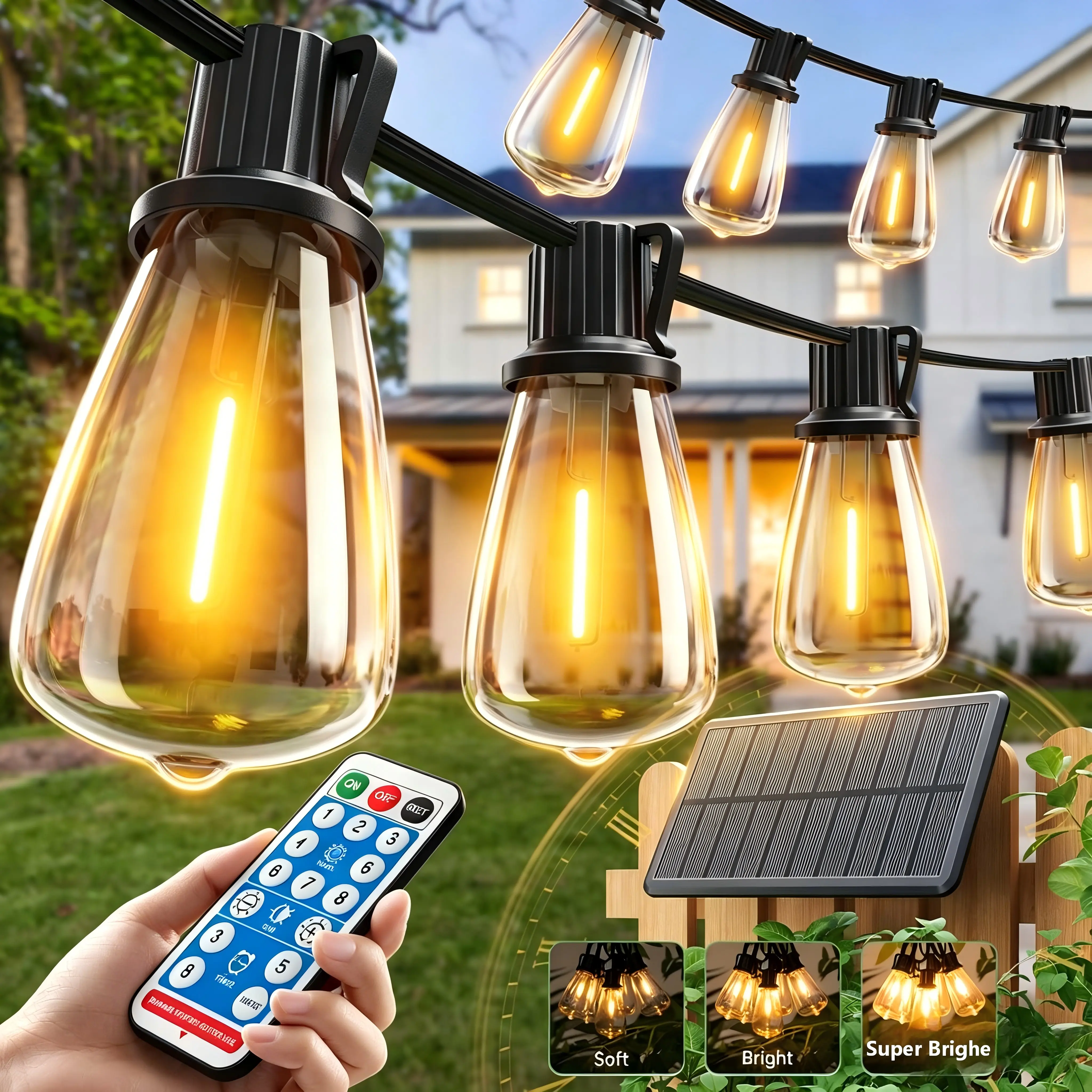 solar string lights,solar fairy lights,outdoor solar lights,patio string lights,garden solar lights,waterproof solar string lights with remote,USB charging solar string lights,shatterproof bulbs,8 modes dimmable solar string lights,100FT/50FT/17FT